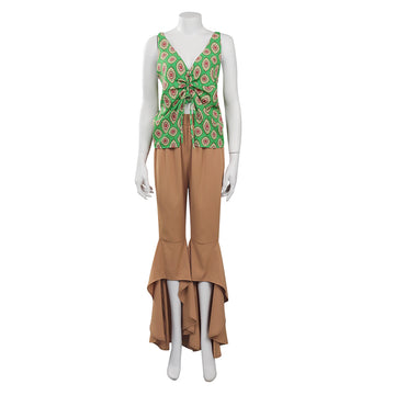 1970s Retro Vintage Hippie Drawstring Lace Up Ruffle Shirt Pants Outfits Halloween Carnival Suit